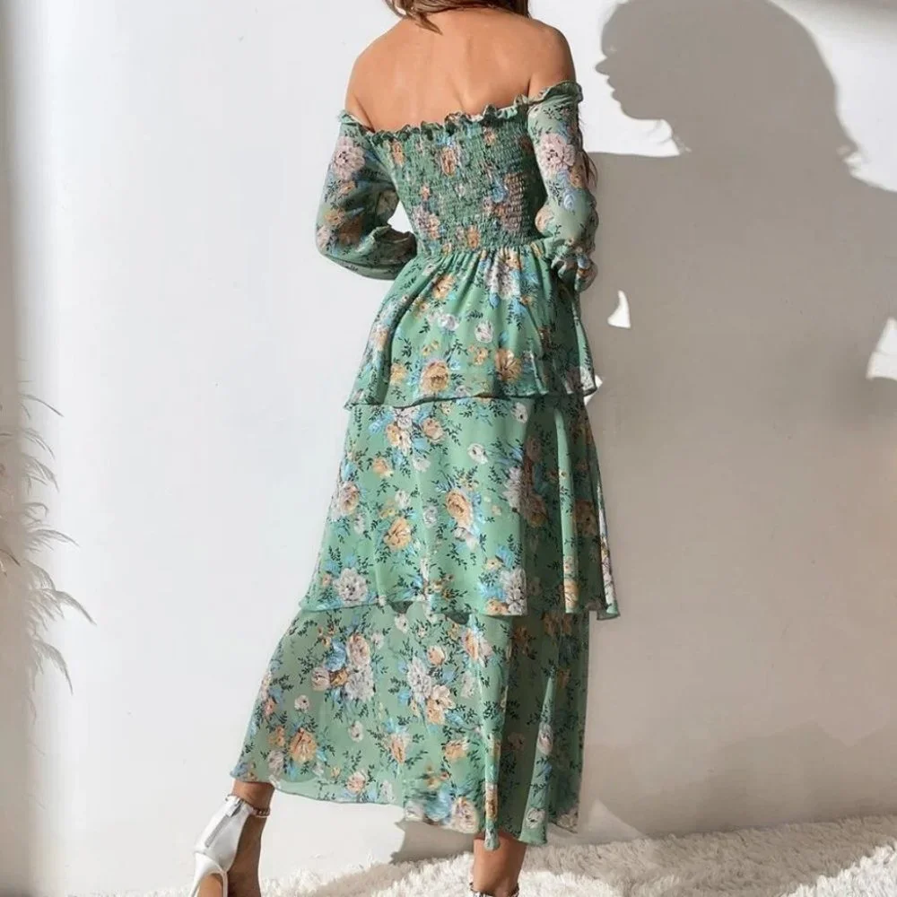 green Off The Shoulder Shirred Layered Hem Floral Printed Dress - Picture 7 of 8